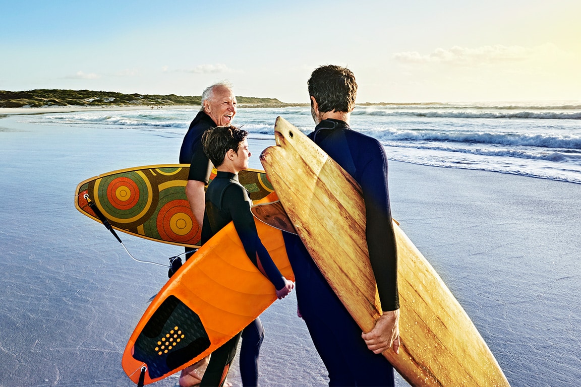 Family goes surfing.