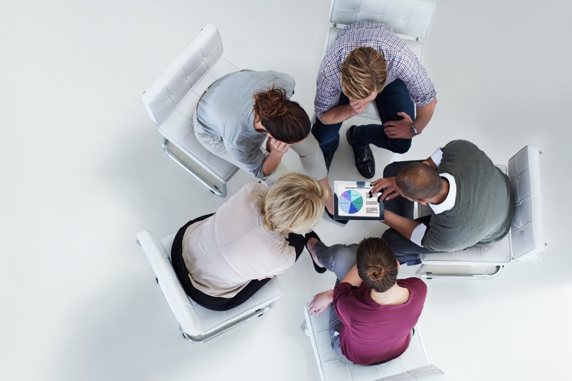 group of five in a meeting environment