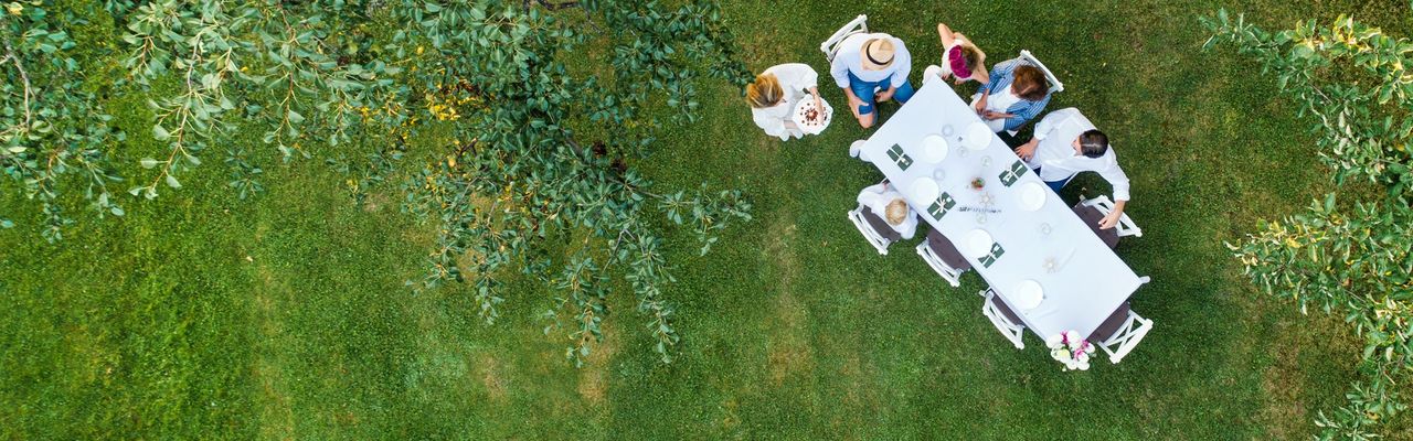 aerial view of people having dinner outside