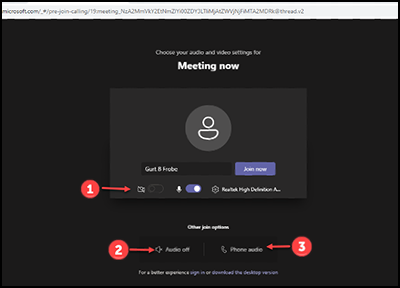 This screenshot shows the next screen to select your audio connection for the meeting. Number one with a red arrow pointing to where you can select to use the built-in microphone, camera and speakers on your device. Number two with a red arrow pointing to where you can select to turn off the audio and join without using the microphone on your device. Number three with a red arrow pointing to where you can select to use your phone to dial into the meeting.