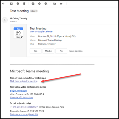 This screenshot shows the links to join a Microsoft Teams meeting from your email invitation. A red arrow points to the “Click here to join meeting” link to join on your computer or mobile app.