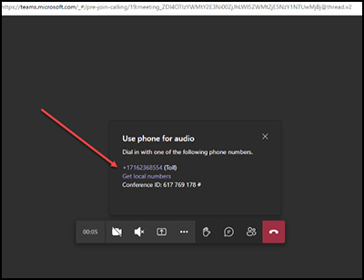 This screenshot shows the directions to use your phone audio to join the meeting. A red arrow points to the phone number you need to dial to join.