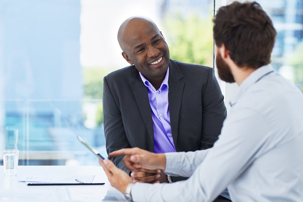 Happy businessman interacting